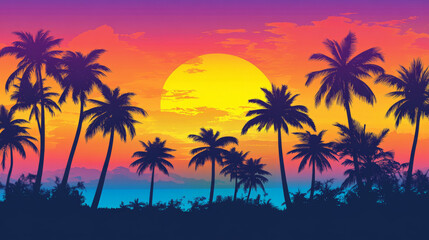 A colorful gradient sunset sky over a tropical island, transitioning from bright yellow to warm orange and soft purple, with palm tree silhouettes.