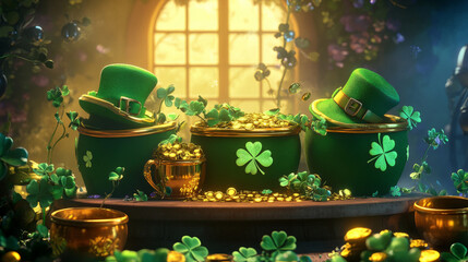 A podium with green shamrocks, leprechaun hats, and pots of gold, set in a lively Irish celebration scene for Saint Patrickâ€™s Day.