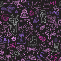 Christmas background. Festive linear seamless pattern with Christmas decorations and toys. Winter holidays New Year background. Hand-drawn mittens, bells, skates, stars, gifts. Endless vector.