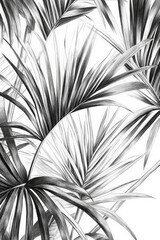 Obraz premium Engraved tropical palm leaves with fine cross-hatching details, drawn in black and white, giving a sophisticated and timeless botanical feel.