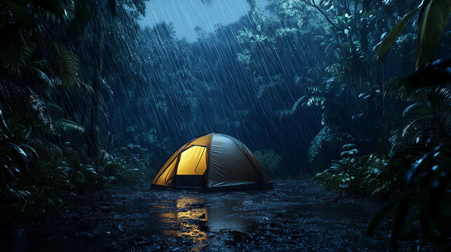 rain on the tent in the forest, tropic, quiet, calm, peaceful, meditation, camping, night, relax