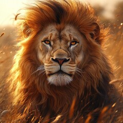 A majestic lion with a flowing mane stares intently at the camera, with the golden light of the setting sun illuminating its fur.