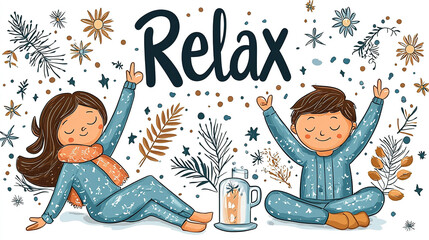 Kids relaxing wearing pajamas surrounded by winter foliage