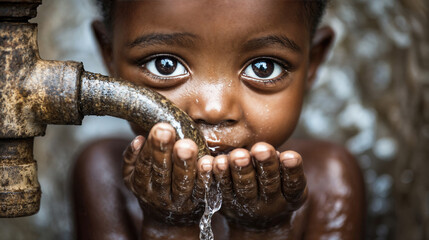 African kid drinking water from faucet in africa, sad thirsty child in poverty drinks from rusty tap with his hands, scarcity and basic needs concept