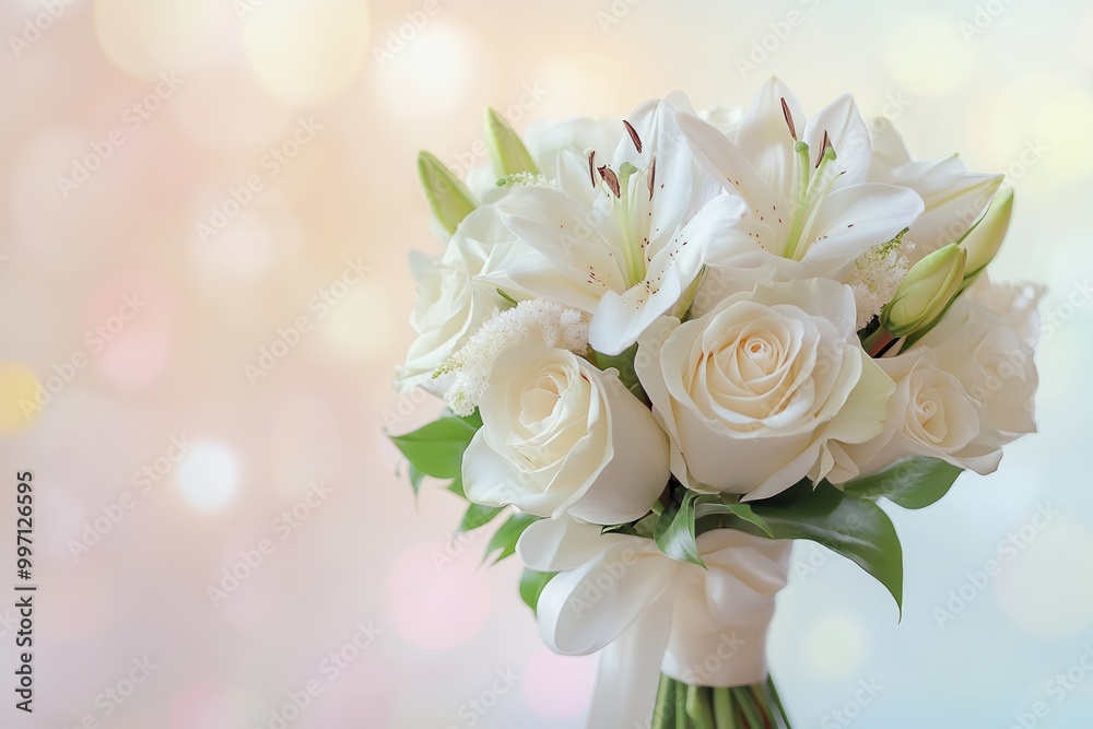Poster delicate white roses and lilies are artistically arranged with a silk ribbon, creating a serene and 