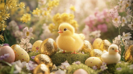 A podium surrounded by golden Easter eggs, fluffy chicks, and fresh spring flowers, set in a bright and cheerful Easter garden.