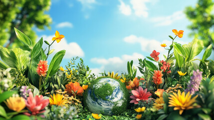 A podium decorated with fresh plants, Earth symbols, and colorful flowers, set against a blue sky to celebrate Earth Day.