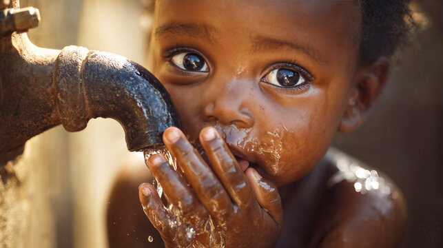 African kid drinking water from faucet in africa, sad thirsty child in poverty drinks from rusty tap with his hands, scarcity and basic needs concept