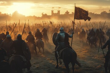 An epic medieval battle scene unfolds at dawn, with knights and archers depicted in dramatic first light on a vast battlefield.