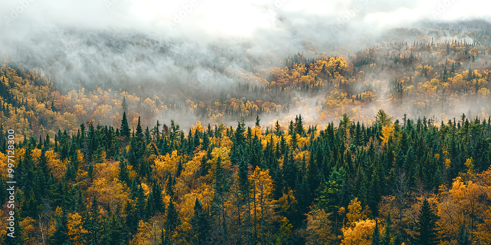Poster A forest with trees in the foreground and a mountain in the background