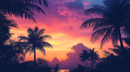 A beautiful tropical sunset with a gradient sky, transitioning from warm orange to deep pink and purple hues. Palm trees silhouette the foreground, creating a serene tropical vibe.