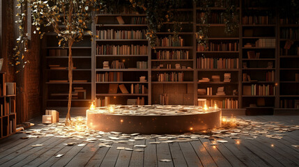 A podium with a bookshelf backdrop, soft lighting, and scattered book pages, creating a calm and inviting space for Book Lovers Day.