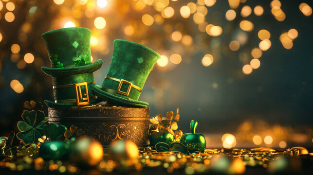 A podium adorned with green top hats, golden horseshoes, and pots of gold, celebrating Saint Patrickâ€™s Day in a festive Irish-themed setting.