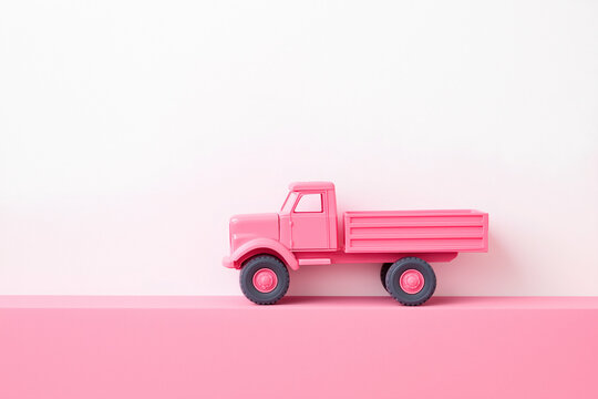 minimalist photography of a light pink toy truck on a clean white background, showcasing simplicity and elegance. Generative AI