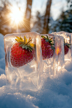 icebound strawberries encased in transparent ice blocks, refracting sunlight in a snowy outdoor setting, melting in the soft warmth. Generative AI