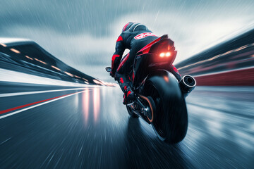 Obraz premium extreme motorcycle racing in heavy rain, captured with dynamic motion blur and slow shutter speed. Generative AI