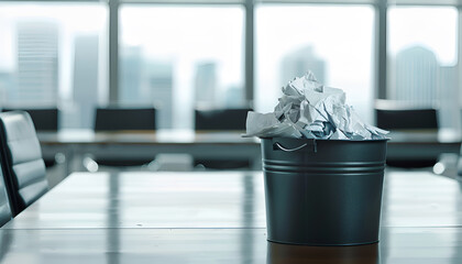 A trash bin filled with crumpled papers in an empty conference room symbolizes inefficiency and a business lacking future perspective