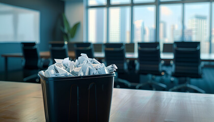 A trash bin filled with crumpled papers in an empty conference room symbolizes inefficiency and a business lacking future perspective