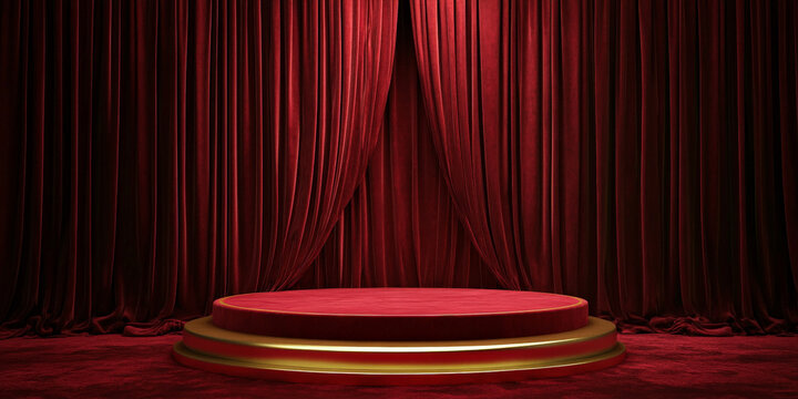 A bold red and gold podium with rich, heavy curtains in a dark velvet, creating a dramatic backdrop for luxury products.