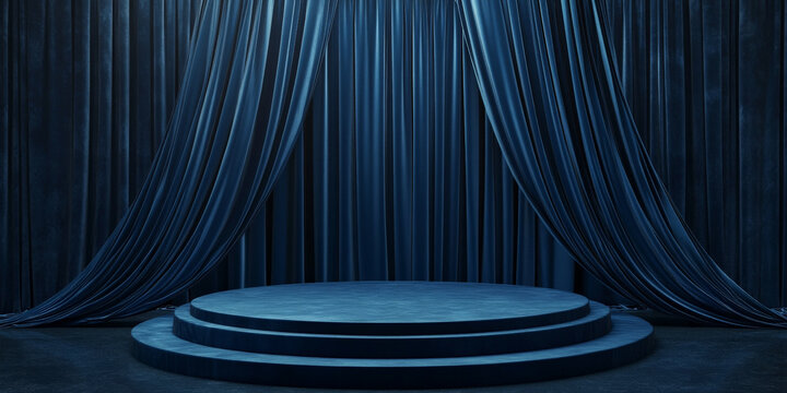 A podium in rich royal blue, with dark velvet curtains cascading behind, creating a dramatic, high-end product presentation stage.