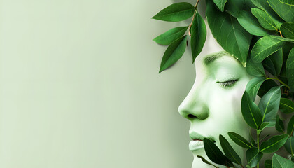 A serene green face merged with lush leaves symbolizes the harmony between humans and nature, reflecting the essence of ecotherapy and wellness through ecological connection