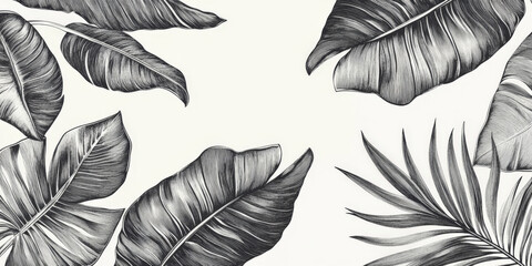 Hand-drawn tropical leaves with meticulous engraving details, featuring banana and palm leaves with detailed line work and shading in monochrome.