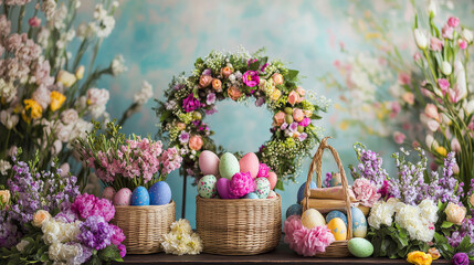 A podium with vibrant Easter baskets, floral wreaths, and colorful eggs, set against a backdrop of blooming spring flowers for Easter.