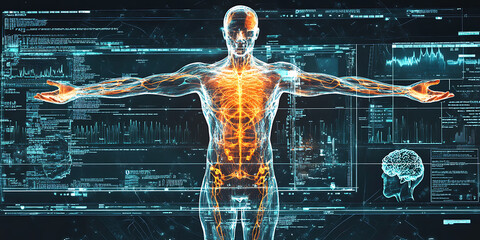 Futuristic medical scanner analyzing health fitness biohacking stats projecting personalized diet and fitness recommendations in holographic displays