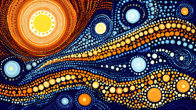 Australian Aboriginal dot painting style art dreamtime story of the land.