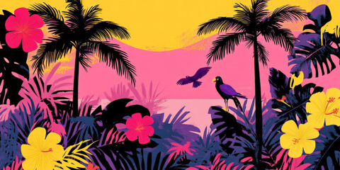 A playful hand-drawn tropical sunset scene with palm trees, hibiscus flowers, and colorful birds in bold shades of pink, purple, and yellow, outlined with thick black strokes.