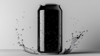 Blank black aluminum 330 ml soda can with drops splash mockup