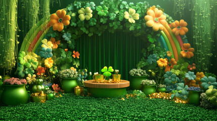 A podium surrounded by green clover decorations, pots of gold, and rainbow-themed elements, creating a festive Saint Patrickâ€™s Day atmosphere.