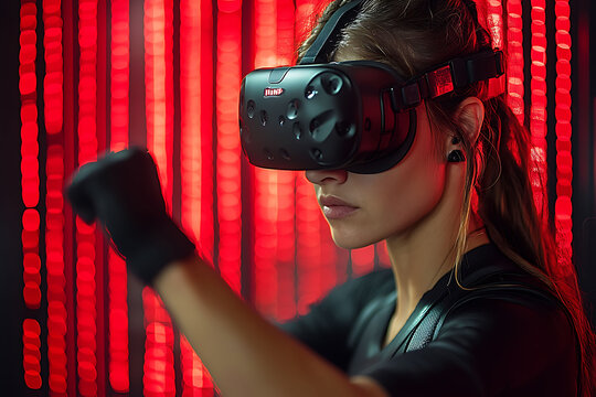 Futuristic VR workout session enhanced biohacking metrics diet trackers and personalized fitness programs integrated into advanced healthcare systems