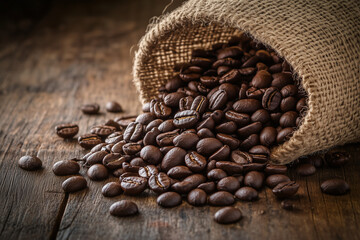 Fototapeta premium Coffee Beans Spilling from a Burlap Sack