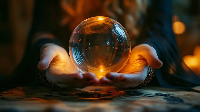 A glass ball in the hands of a fortune teller. Mysterious image. The fortune teller, the power of the mind, predictions, Halloween concept. Wallpaper or banner for the site. Place for your logo.