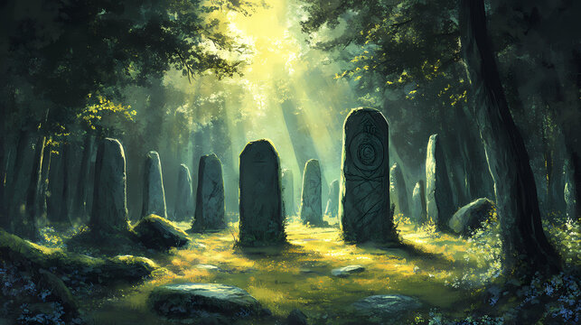 A mystical scene of a druids sacred grove filled with ancient standing stones. Druid Grove. Illustration