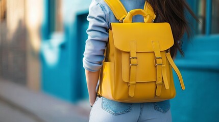 Fototapeta premium Introducing the perfect backpack to brighten your day! This spacious yellow bag is ready for any adventure. It's sturdy and fits everything you'll need for school, travel, or just a day out.