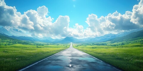 Wide open road leading into the horizon with clear blue sky and white clouds