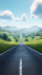 Naklejka premium Wide open road leading into the horizon with clear blue sky and white clouds