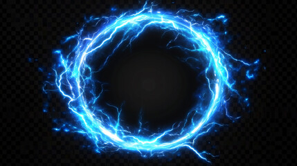 glowing electric blue lightning round frame with plasma portal, isolated on black background