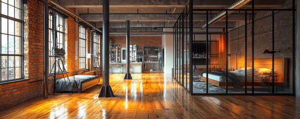 An industrial loft with polished wooden floors, iron support columns, and a glass-partitioned sleeping area showcasing minimalistic decor
