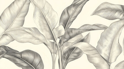Hand-engraved tropical leaves with meticulous line work, featuring banana and palm leaves in a vintage botanical style, set against a light cream background.