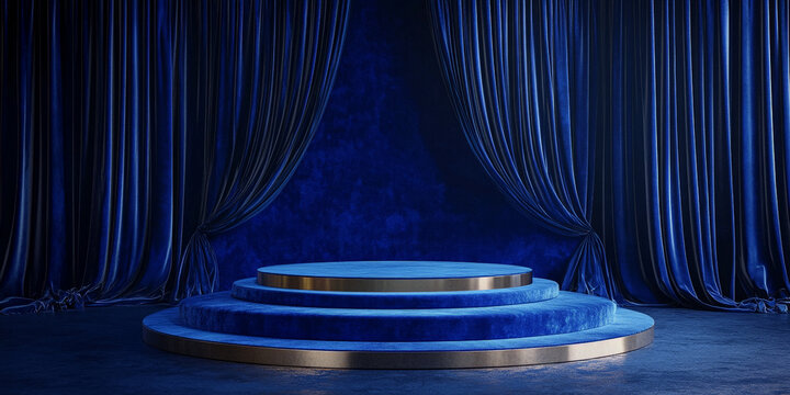 A podium in rich royal blue, with dark velvet curtains cascading behind, creating a dramatic, high-end product presentation stage.