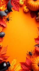 Halloween fall leaves border with pumpkins and spiders on orange background