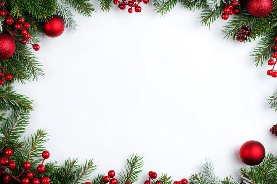 Christmas frame on white background. Top view, flat lay with copy space for text
