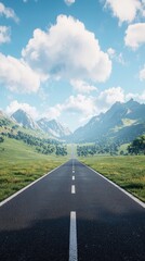 Fototapeta premium Wide open road leading into the horizon with clear blue sky and white clouds