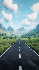 Wide open road leading into the horizon with clear blue sky and white clouds