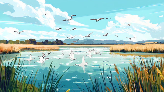 A coastal wetland habitat teeming with migratory birds, highlighting the ecological significance of coastal ecosystems as biodiversity hotspots. Wetlands. Illustration