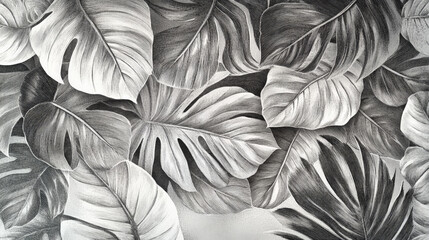 A collection of finely engraved tropical leaves with delicate cross-hatch detailing, creating a rich, textured effect in monochrome tones.