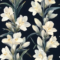 Fototapeta premium Watercolor pattern with white yucca flowers and green leaves on a dark background, elegant and natural design.